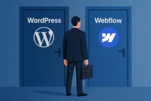 Business professional choosing between WordPress or Webflow